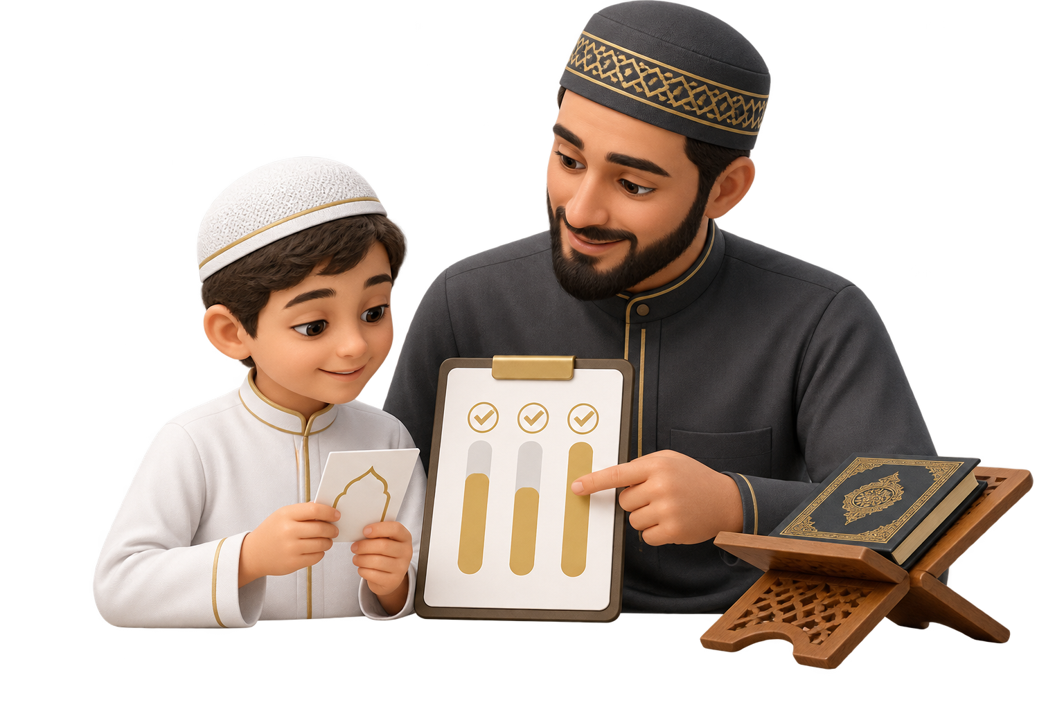 Animated parent reviewing a Quran memorisation progress report with a child