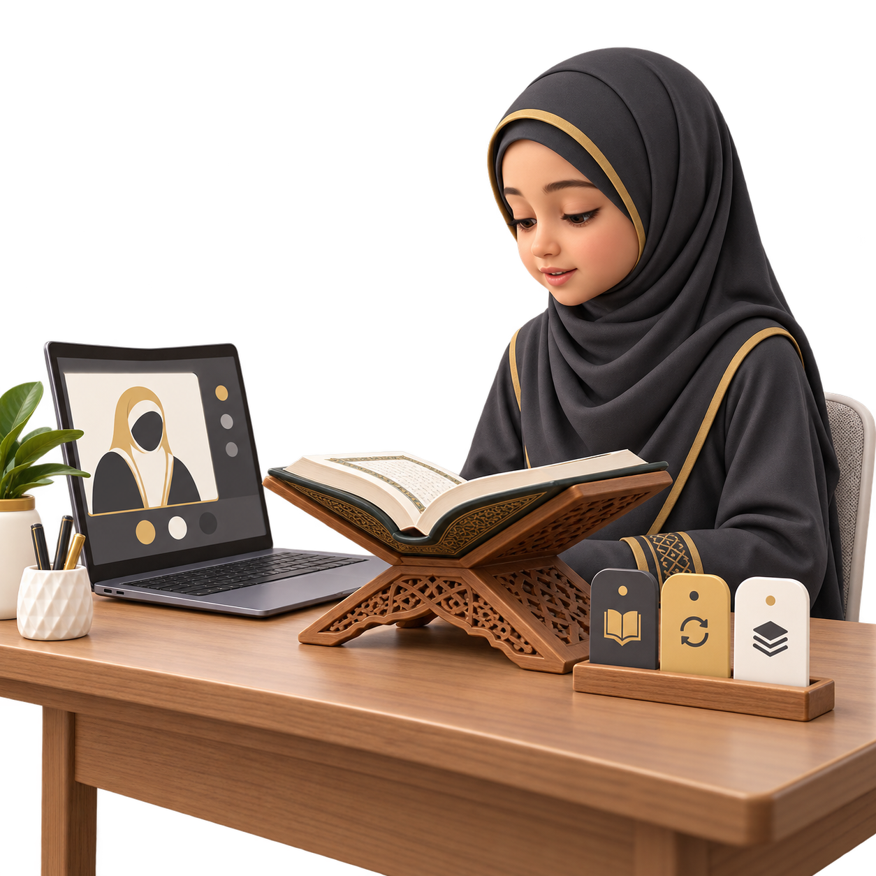 Animated student joining a Holy Quran Memorisation lesson online